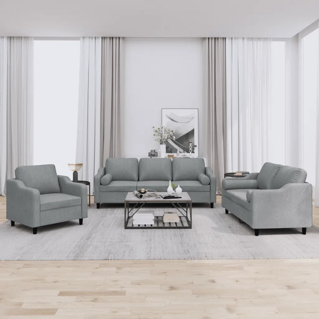Set Divani 3 pz con Cuscini Grigio Chiaro in Tessuto