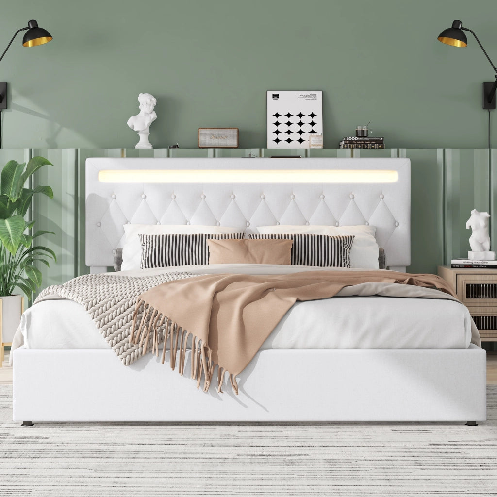OKWISH Letto Contenitore 180×200 cm, Letto Matrimoniale con Contenitore, USB, USB-C e LED Regolabile, senza Materasso, Lino, Bianco