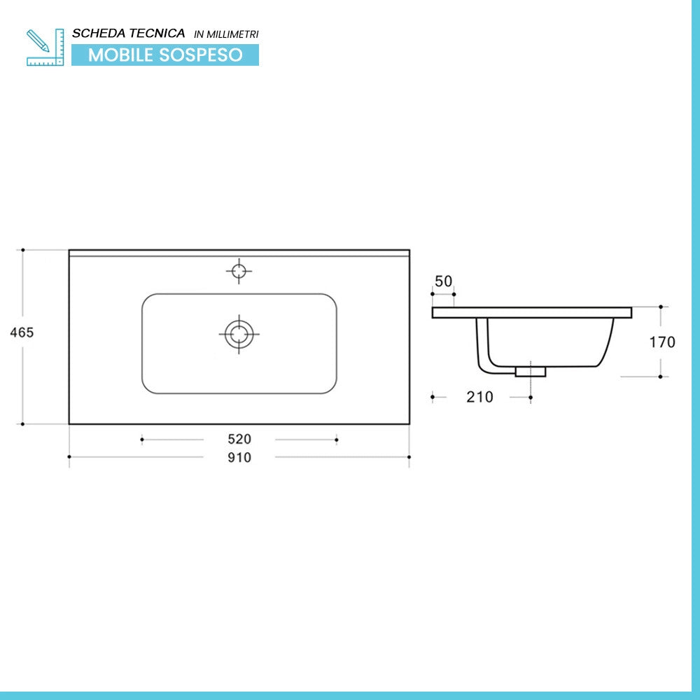 Mobile bagno sospeso 90 cm blu satinato con lavabo ad incasso Gaya