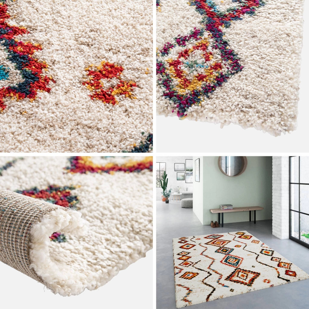 Tappeto shaggy per interni, stile berbero, crema e multicolore