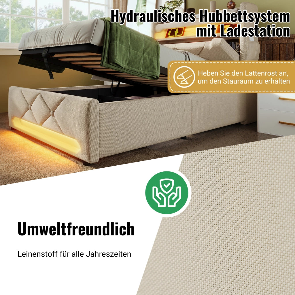 Letto matrimoniale – 180x200 cm – USBC LED 360° contenitore – lino beige