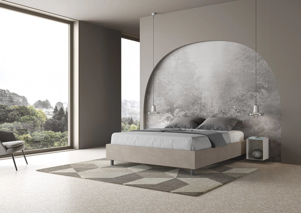 BS COM Letto matrimoniale francese contenitore imbottito 140x210 microfibra sabbia