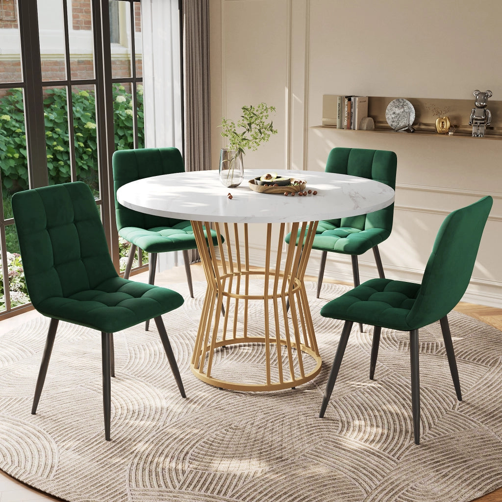 Set Tavolo da Pranzo Rotondo con 4 Sedie ¨C Xylo ¨C Piano Bianco MDF, Gambe Metallo Oro, Velluto Verde, ?100 cm