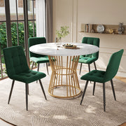 Set Tavolo da Pranzo Rotondo con 4 Sedie ¨C Xylo ¨C Piano Bianco MDF, Gambe Metallo Oro, Velluto Verde, ?100 cm