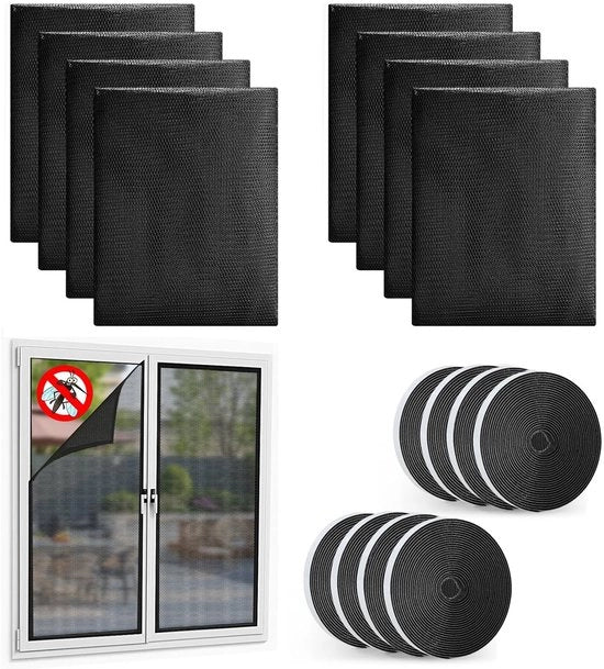 Vetrata per finestre, 130 x 150 cm, protezione insetti per finestre con adesivo innovativo, vetrata per finestre, senza foratura, protezione insetti, in poliestere, 8 pezzi, nero
