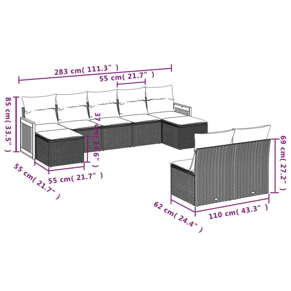 Set Divano da Giardino 9 pz con Cuscini Beige in Polyrattan 3228053