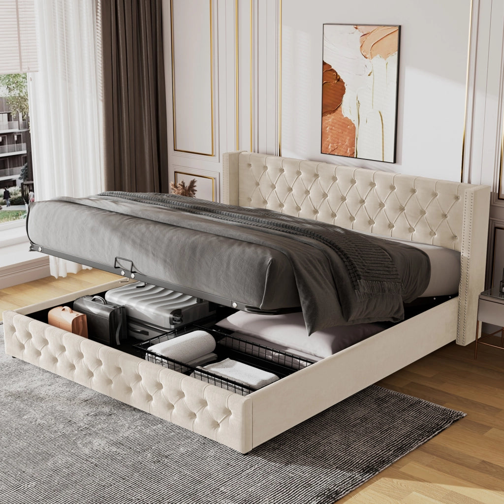 letto imbottito velluto beige 140 x 200 cm