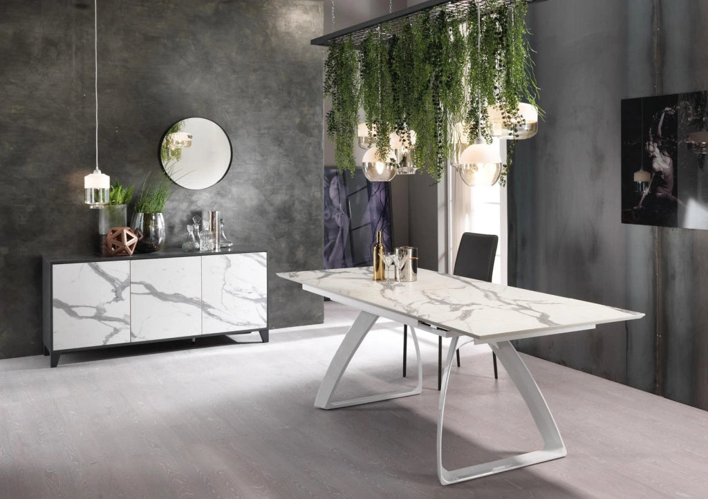 Tavolo Allungabile Barret 170/270x90 cm in HPL su MDF, Struttura con Gambe in Metallo Bianco e Top Marmo Calacatta - Arredo Moderno