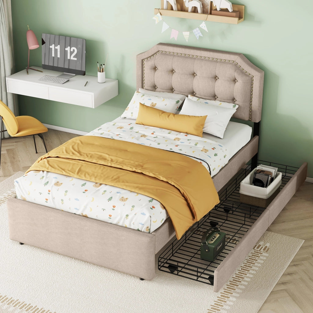 Letto Imbottito con Cassetti ¨C MINIMAL ¨C Singolo 90x200 Beige Scuro