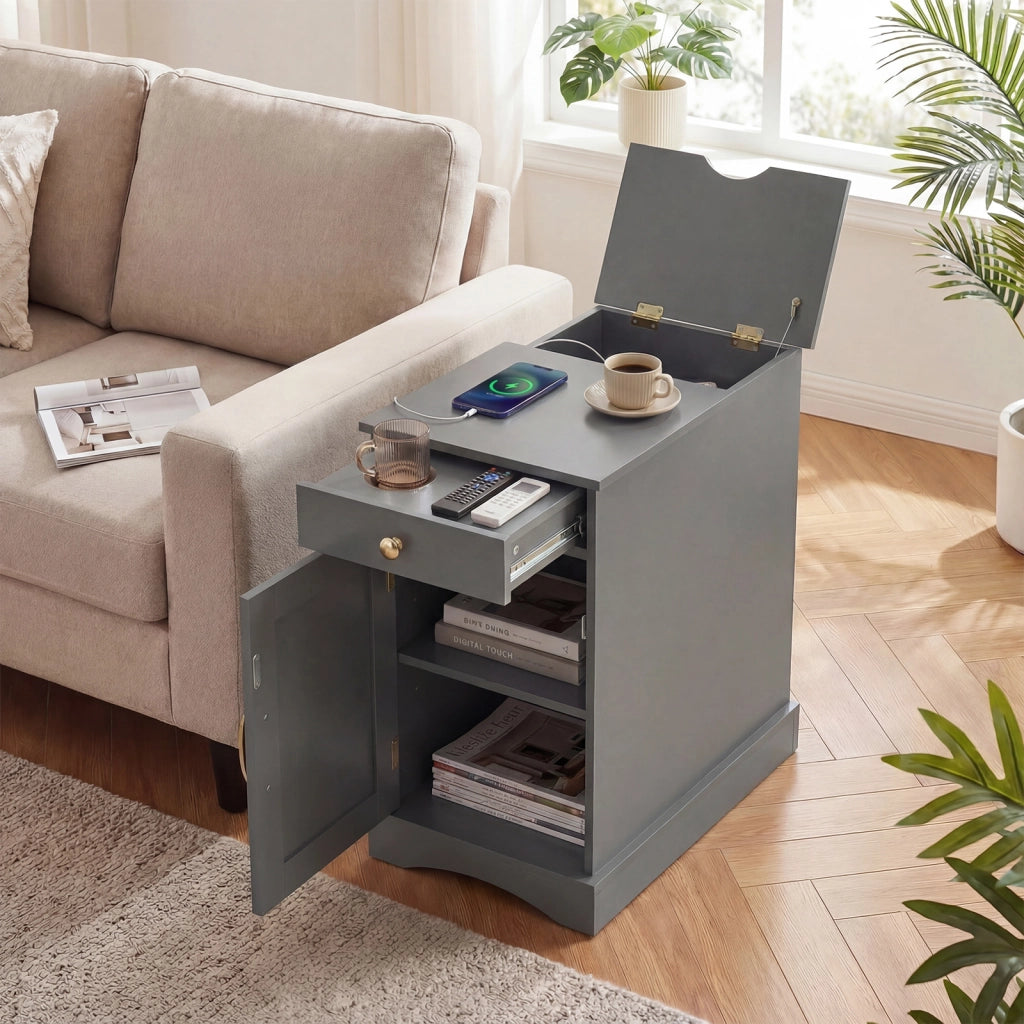 Tavolino divano legno stazione ricarica comodino stretto cassetto armadietto, Tavolino ripiano regolabile soggiorno camera spazi piccoli Grigio