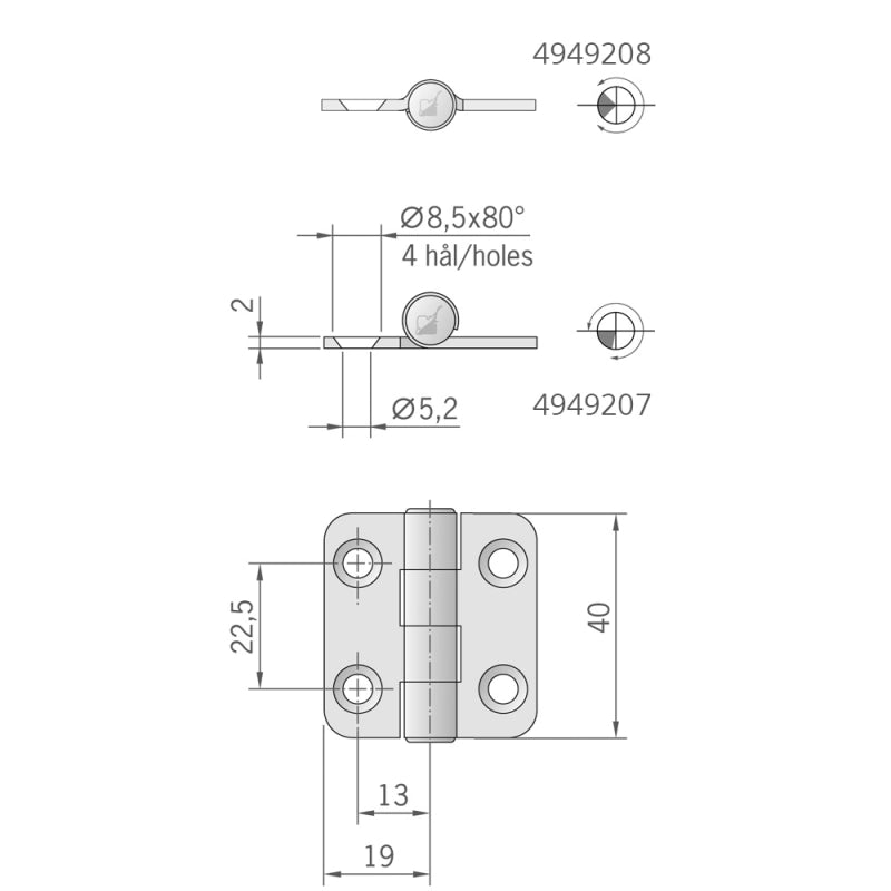 CERNIERA INOX MM.40X38 1/2 INCASSO HINGES MM.40X38