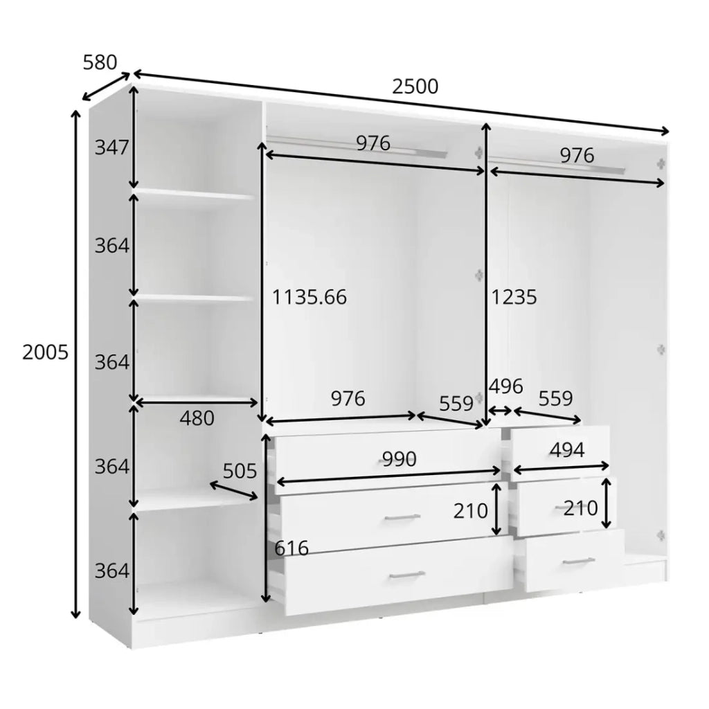 Armadio KALISTA 250 cm bianco con specchi e 6 cassetti