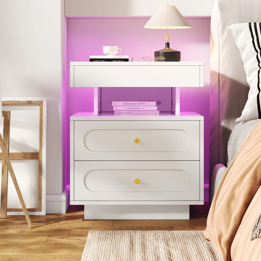 Comodino con LED e 2 Cassetti ¨C MINIMAL ¨C Bianco 50x40x60 cm