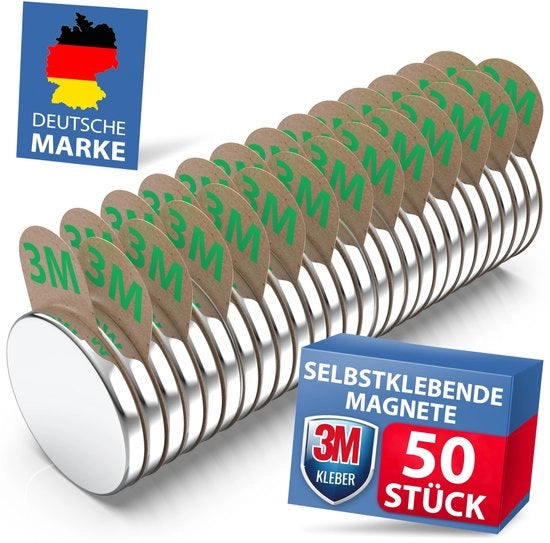 Pacco Maxi 50 pezzi di Magnetici Neodymium [FORTE 3M ADERENTE] 10x1mm | con 3M adesivi magnetici | Magnetici potenti per aziende, lavagne, foto e frigoriferi