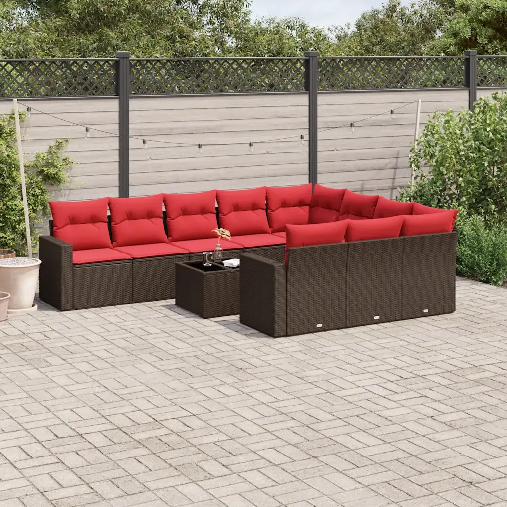 Set Divani da Giardino 11 pz con Cuscini Polyrattan Marrone