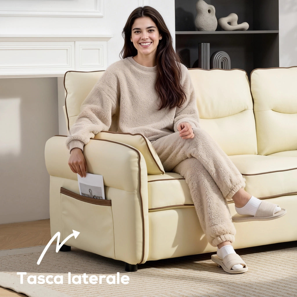 Divano 3 Posti in Similpelle Beige con Cuscini ¨C Minimal ¨C 190x83x90 cm