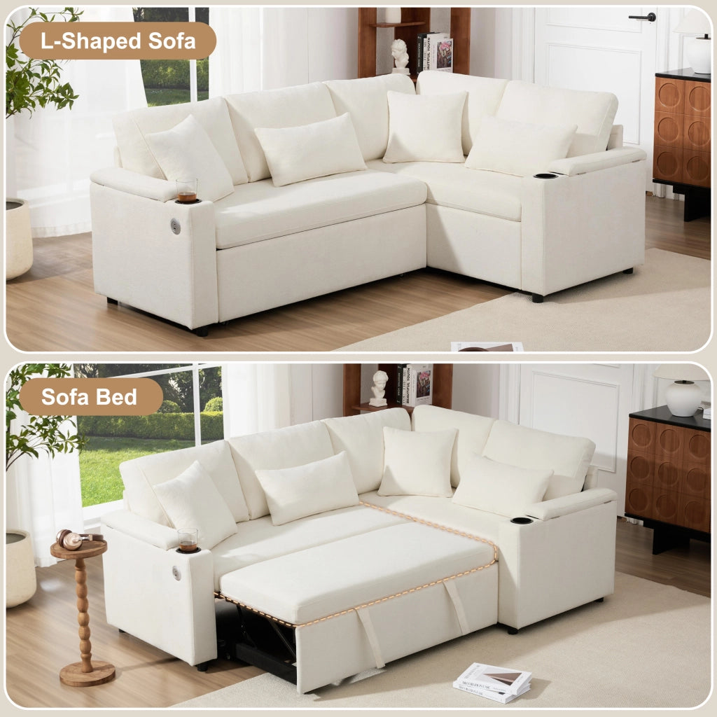 Divano angolare convertibile con vano contenitore, portabicchieri e USB, in Chenille, Beige