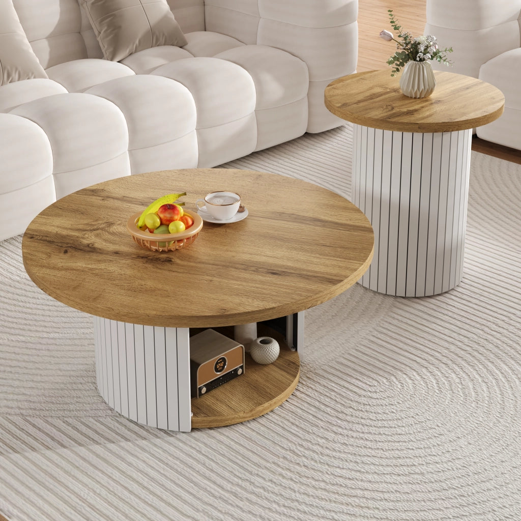 OKWISH Tavolini da Salotto Impilabili Rotondi Stile Nordico con Tavolo Principale e Tavolino Laterale, MDF, Naturale