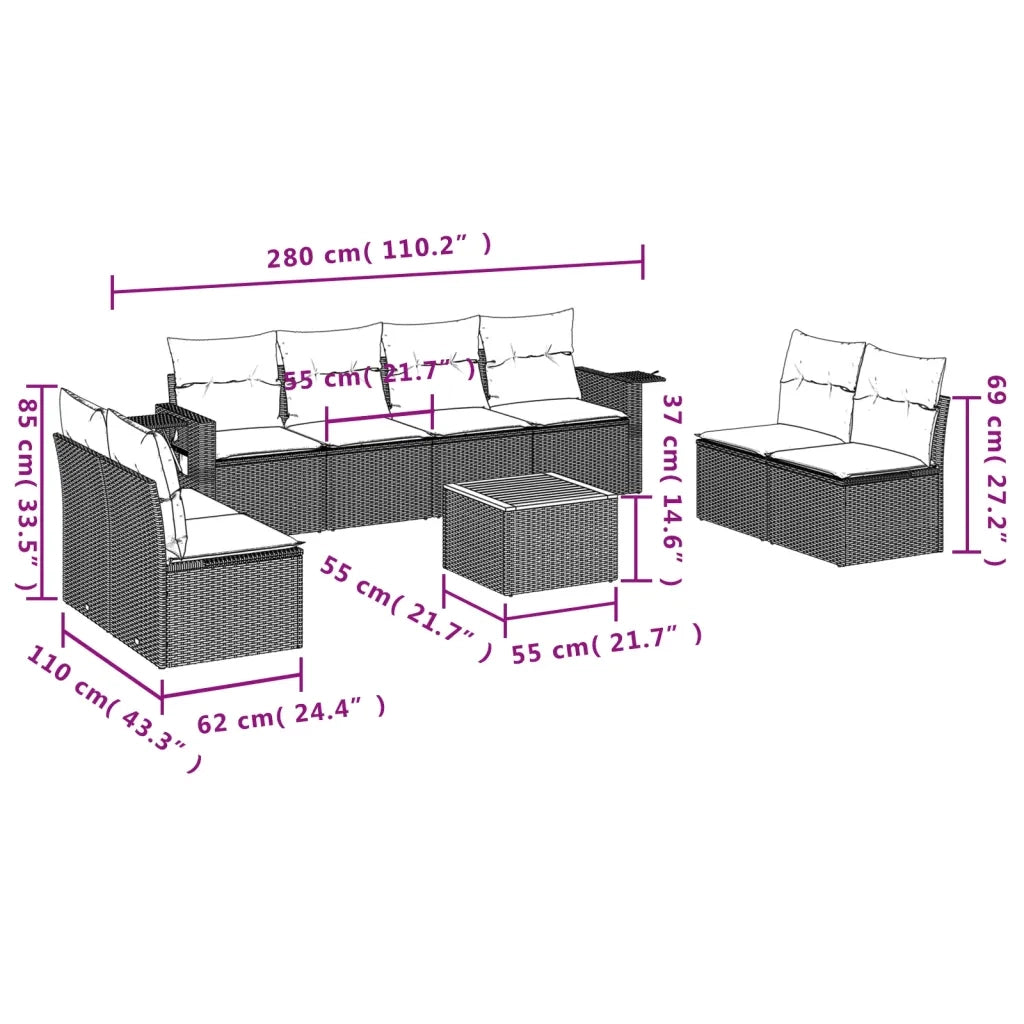 Set Divani da Giardino 9 pz con Cuscini Nero in Polyrattan 3224523
