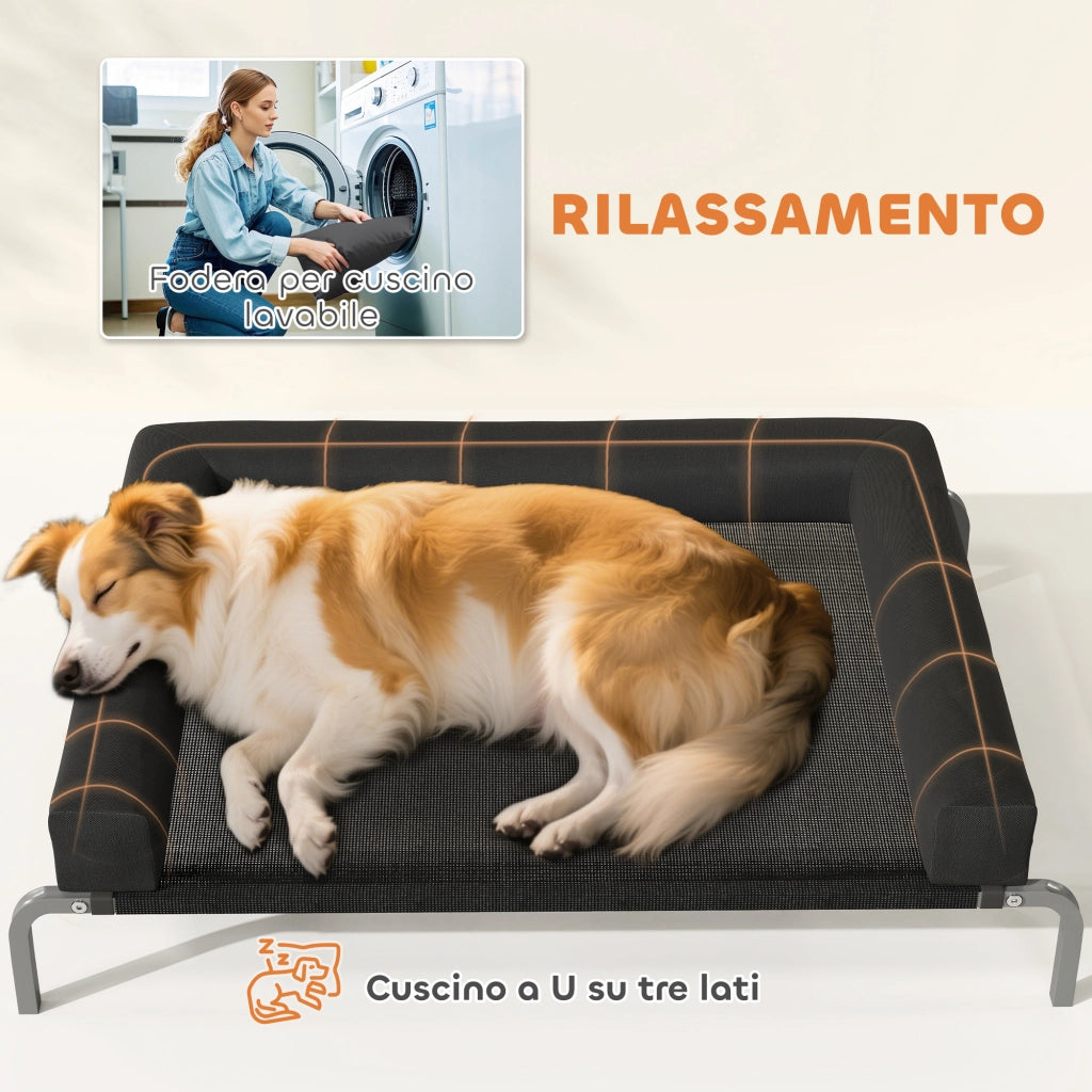 Lettino per Cani Rialzato con Cuscino ¨C Minimal ¨C Nero e Argento, Poliestere e Acciaio, 110x75x30 cm