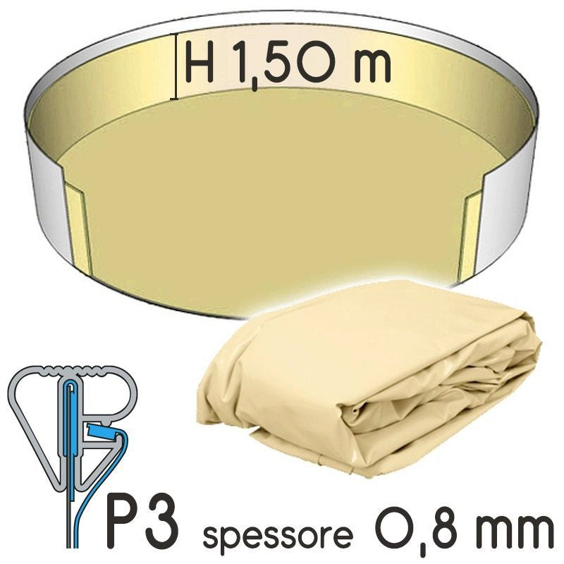 Liner Per Piscina A Forma Circolare  6,40 X H. 1,50 M Sabbia - Attacco P3 - Spessore 0,80 Mm Altezza: 1.50 m, Colore: Sabbia, Tipo attacco: P3