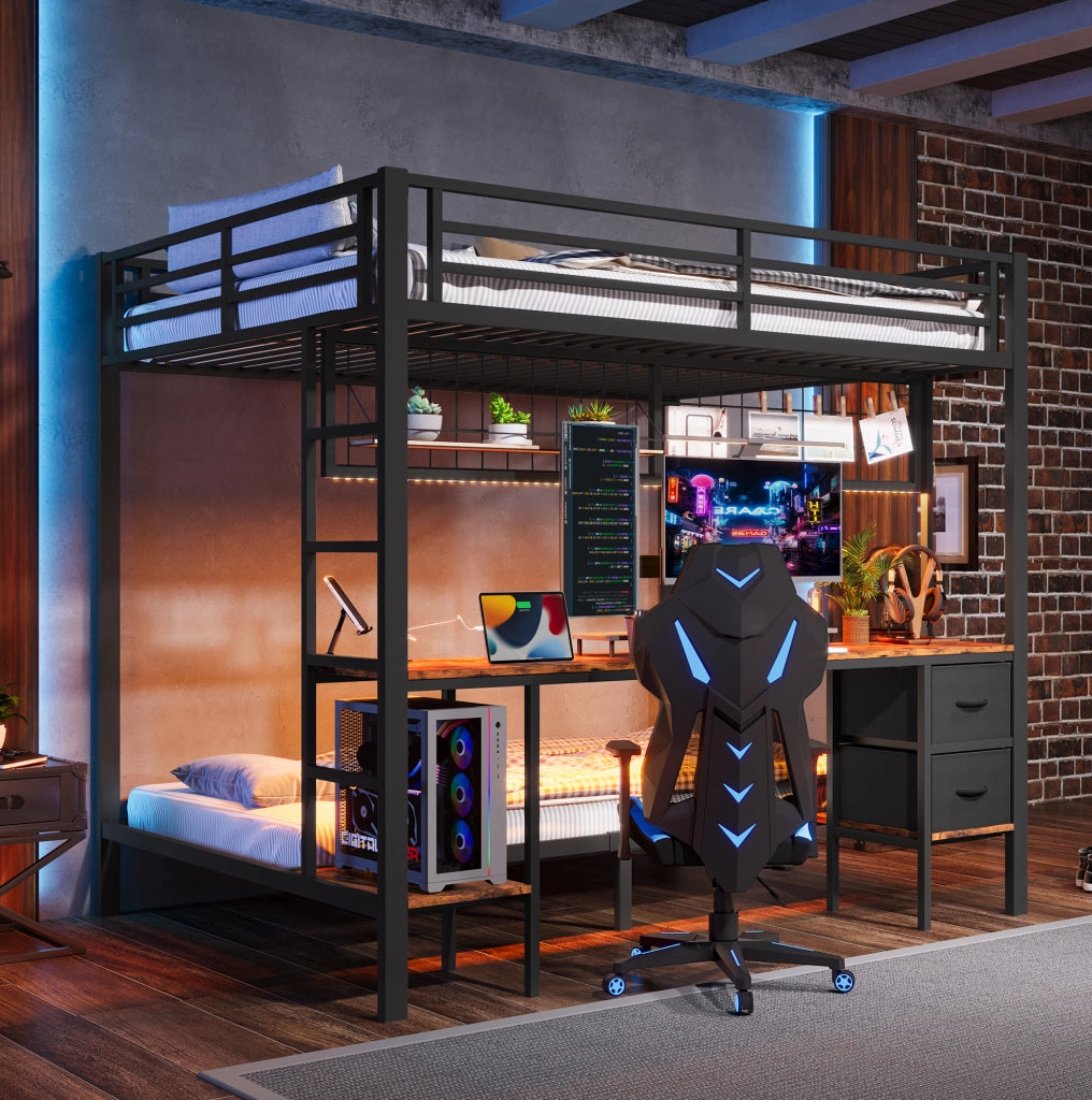 Letto a soppalco 140x200 cm in metallo e MDF nero con scrivania; cassetti; ripiani e LED