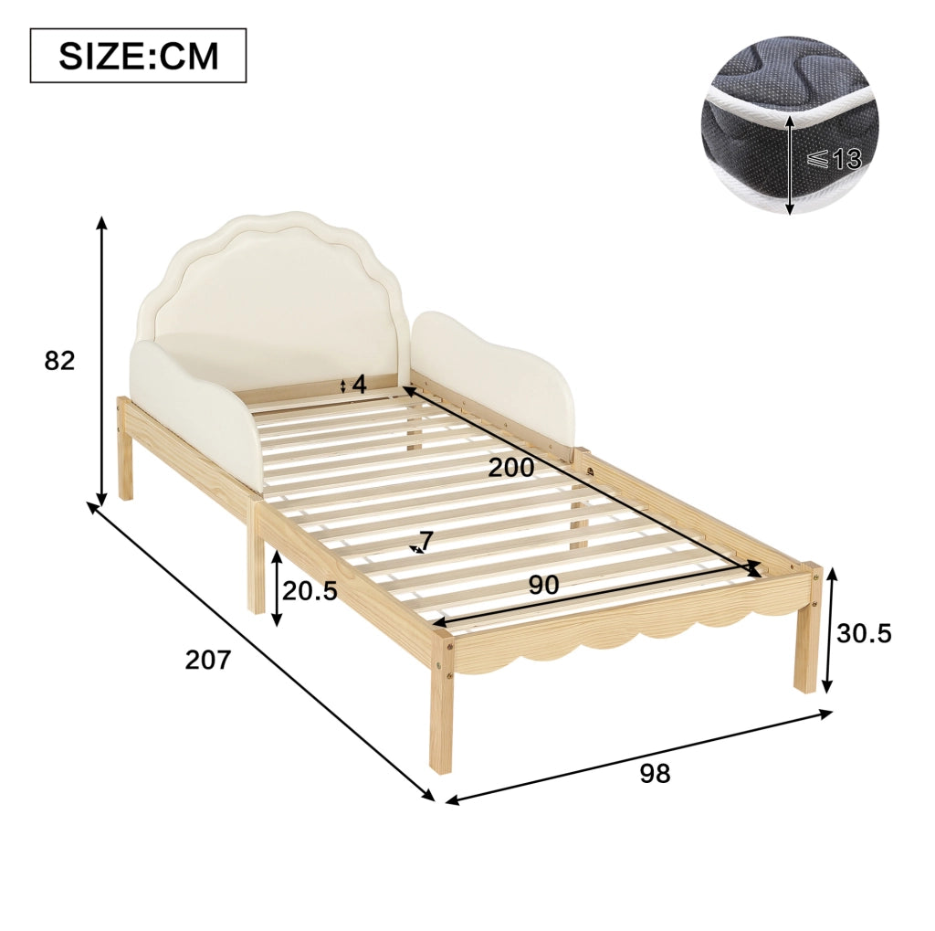 Letto singolo per bambini imbottito con sponde laterali 90x200 cm beige