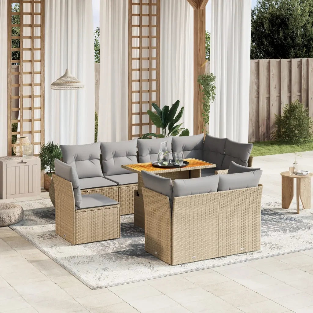 Set Divano da Giardino 9 pz con Cuscini Beige in Polyrattan