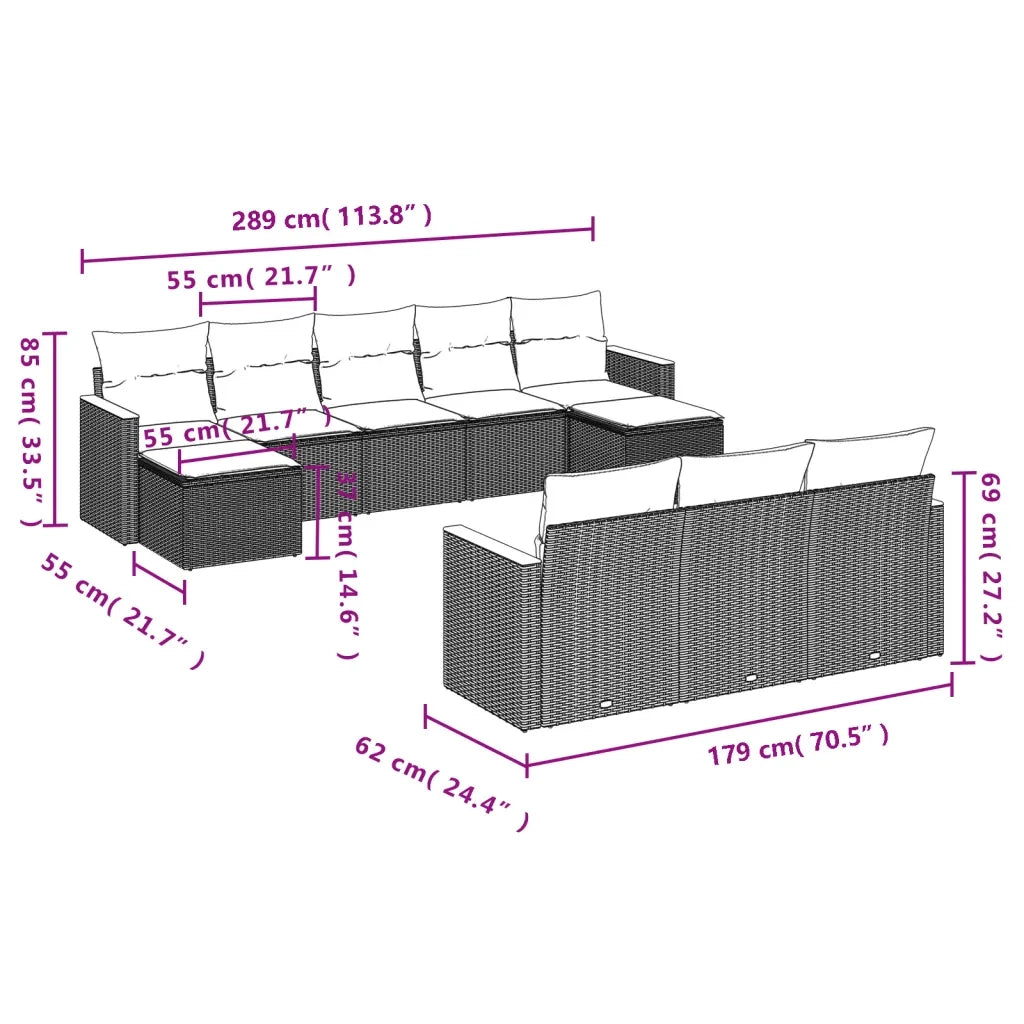 Set Divano da Giardino 10 pz con Cuscini Beige Misto Polyrattan