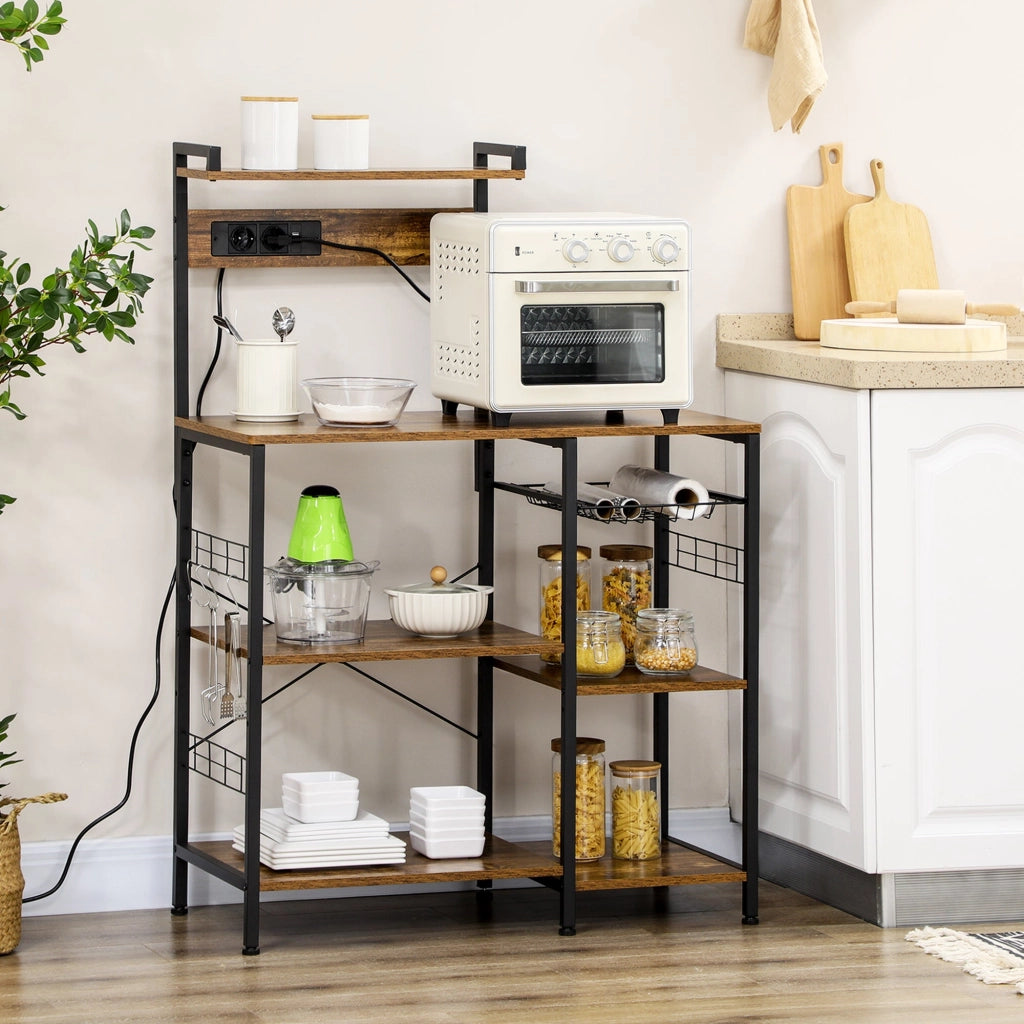 Scaffale Cucina con Multopresa 90x42x130 cm in Legno e Acciaio Marrone Rustico
