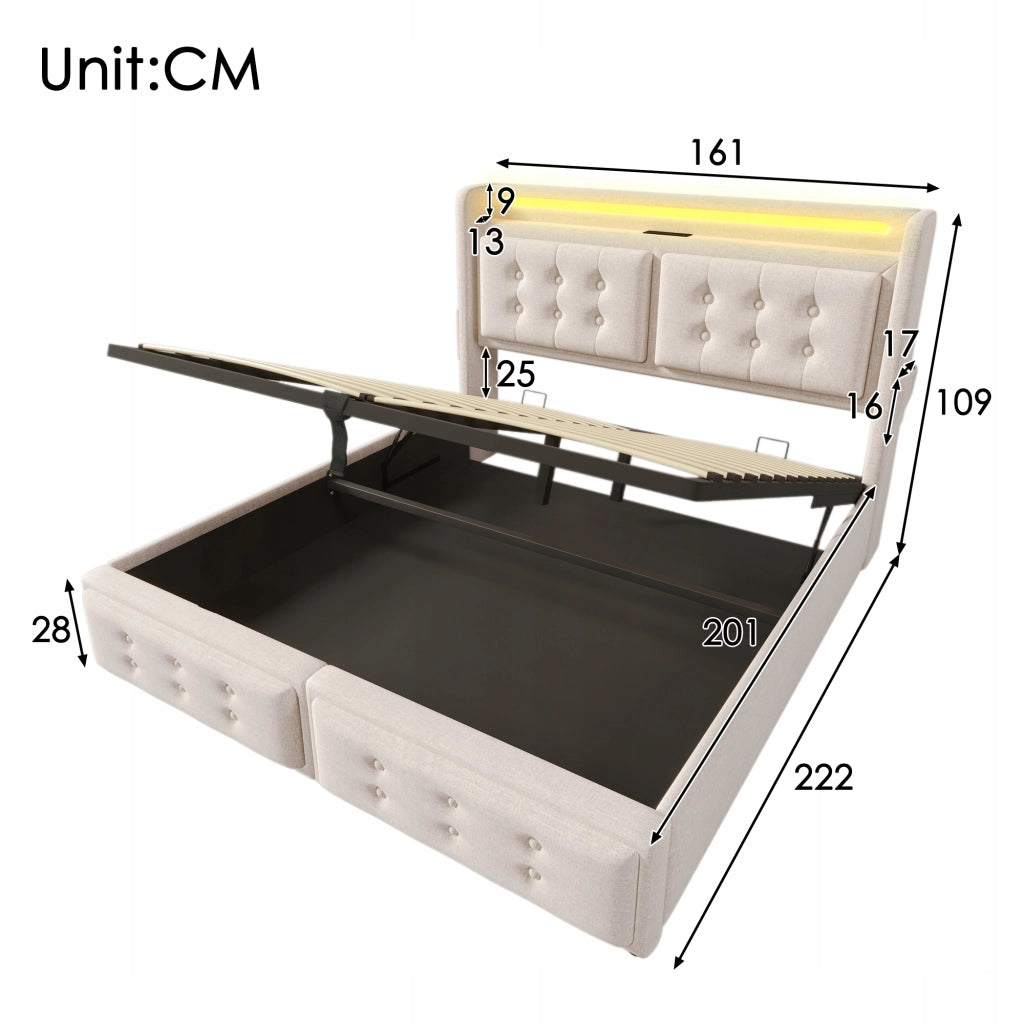 Letto imbottito 160x200 - Xylo - Beige con funzione di ricarica USB-C
