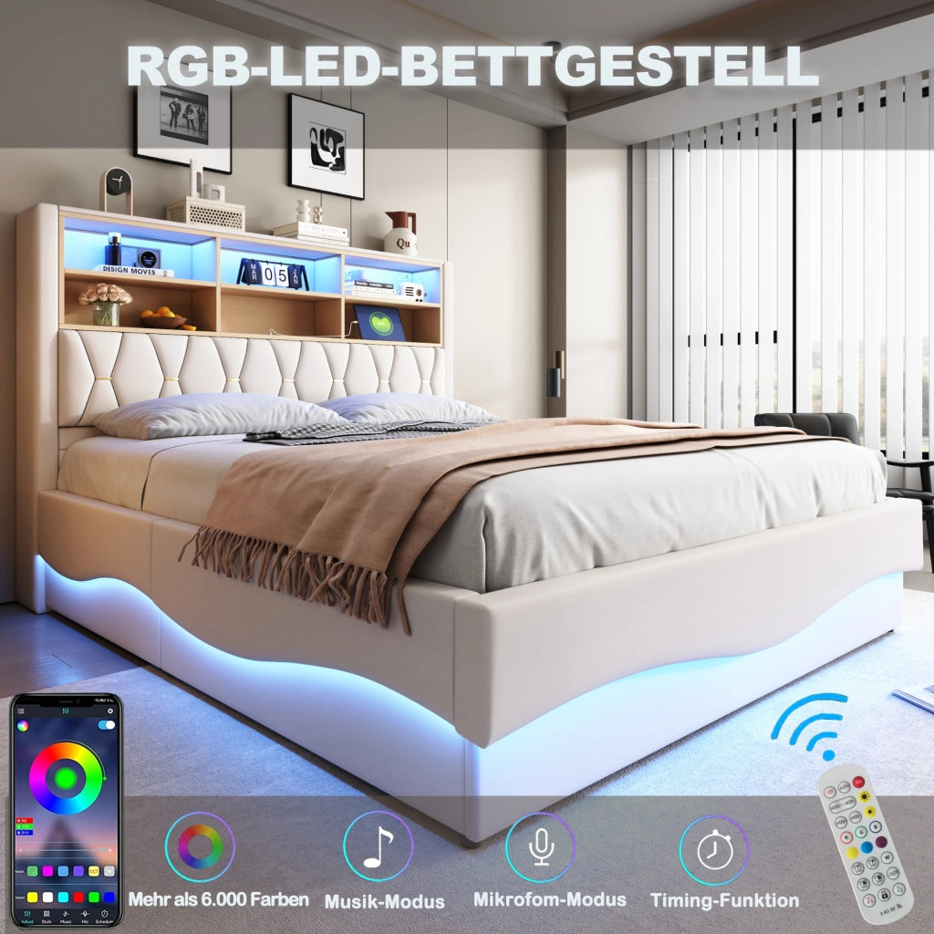 LETTO Contenitore 180x200 cm Beige in ferro con LED e USB