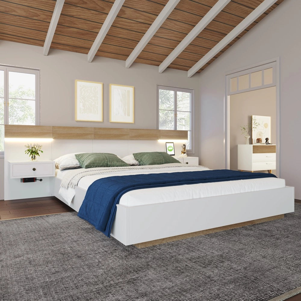 Letto Matrimoniale in Legno con 2 Comodini LED e USB ¨C MINIMAL ¨C Rovere Sonoma/Bianco 180x200