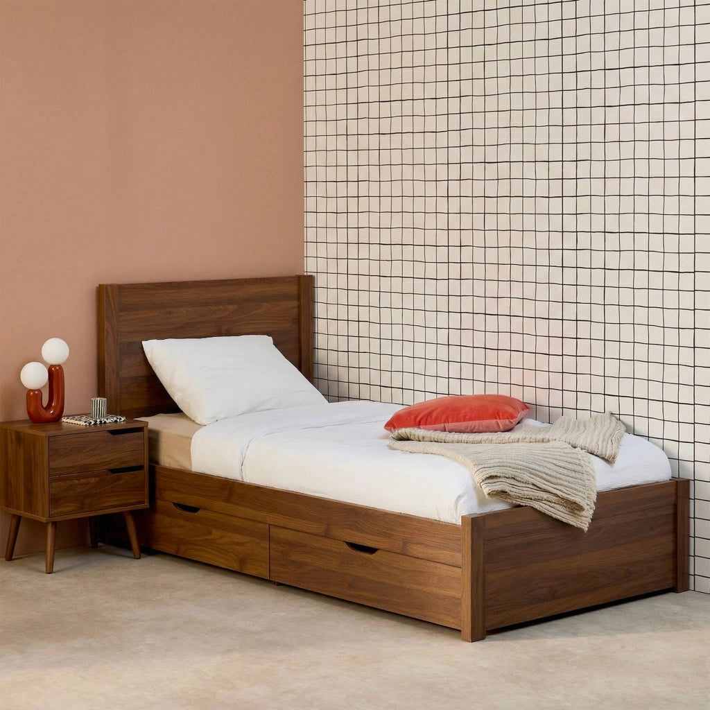 Letto con rete a doghe e testiera 90x190cm + 4 cassetti, noce