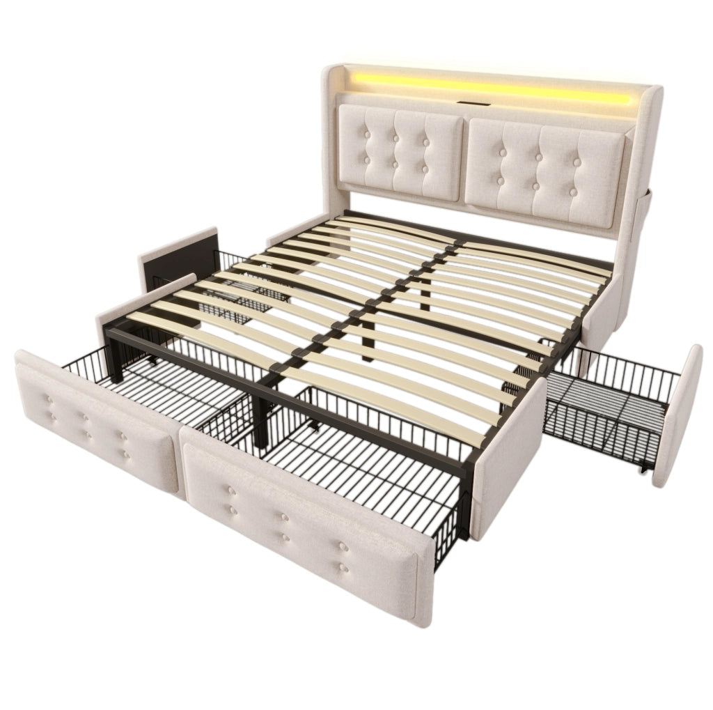 Letto imbottito 160x200 cm con LED; USB e 4 cassetti in cotone lino grigio/beige