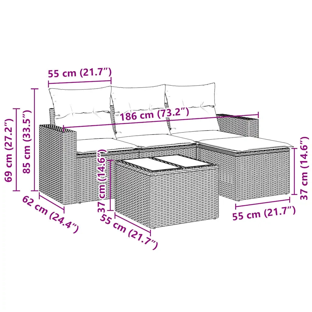 Set Divani da Giardino 5 pz | Set Salotto da Giardino con Cuscini in Polyrattan Nero