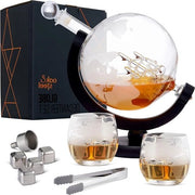 Decantatore di Whisky Globe in Quercia e Acciaio con 2 Bicchieri e 4 Pietre di Acciaio Inossidabile e 1 Tastiera di Ghiaccio - Regalo di Compleanno per Uomo