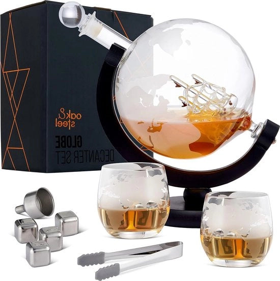 Decantatore di Whisky Globe in Quercia e Acciaio con 2 Bicchieri e 4 Pietre di Acciaio Inossidabile e 1 Tastiera di Ghiaccio - Regalo di Compleanno per Uomo