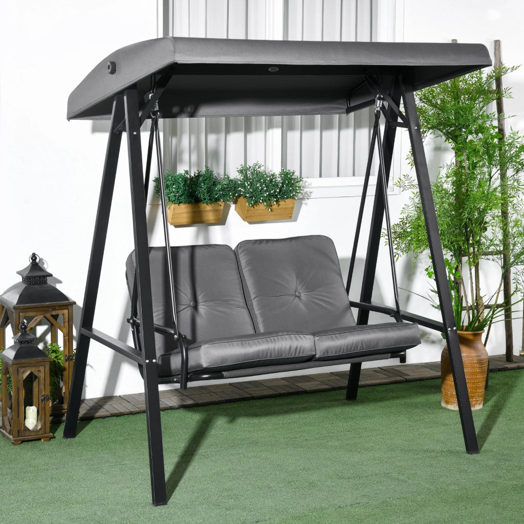 Altalena da giardino Hollywood Swing 2-posti con tetto regolabile cuscino panca oscillante fino a 220 kg Ricaricabile per giardino balcone grigio scuro 145 x 116 x 172 cm