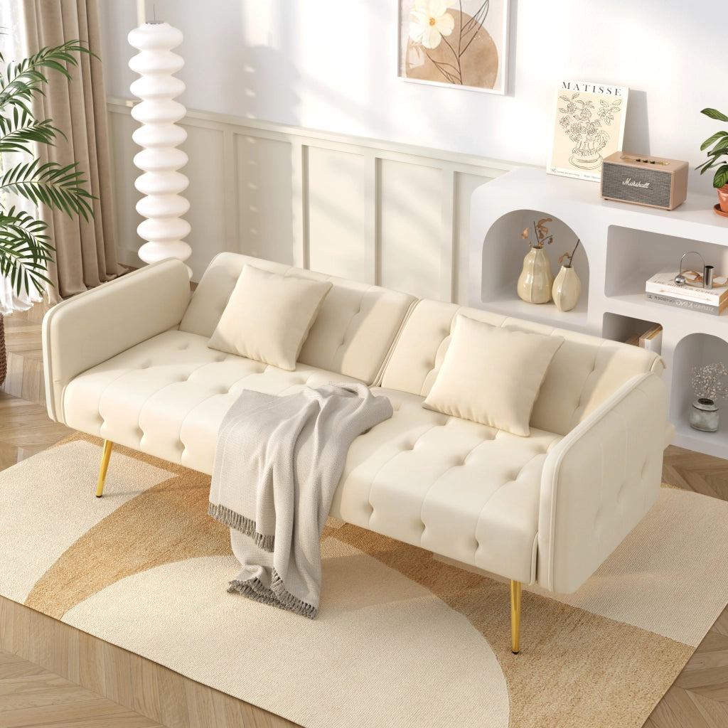 Divano Letto 2 Posti con Schienale Regolabile e Braccioli Multi-Posizione in Velluto Beige