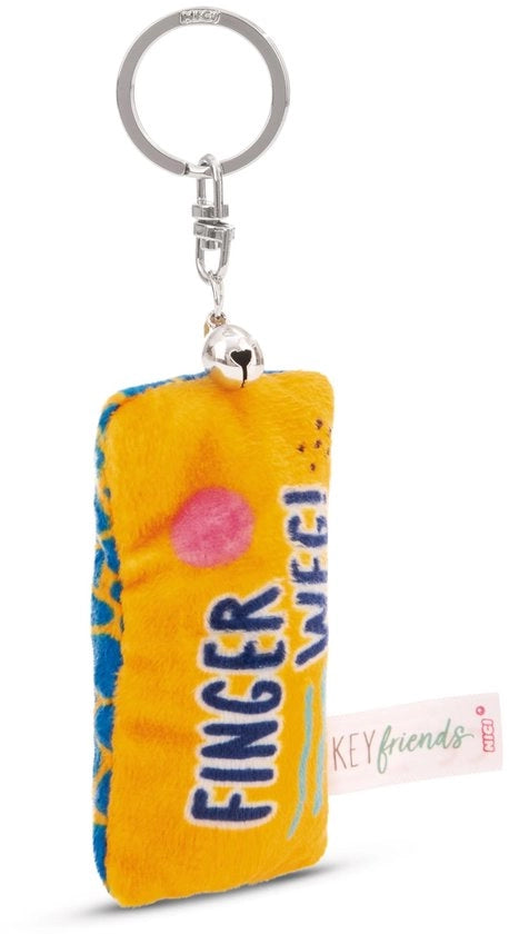 Sostegno per chiavi mini cuscino morbido "Hands Off!" 8cm con campanello