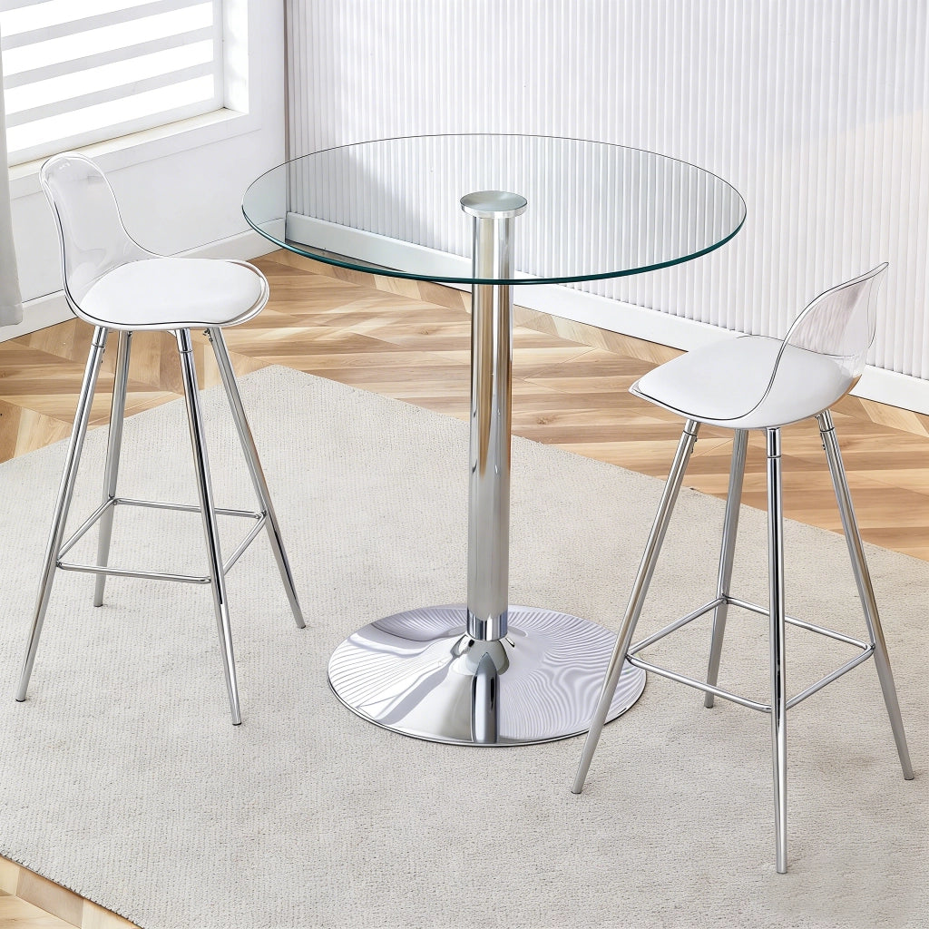 Tavolo Rotondo in Vetro con 2 Sgabelli ¨C MINIMAL ¨C ?89 cm, Gambe Argento