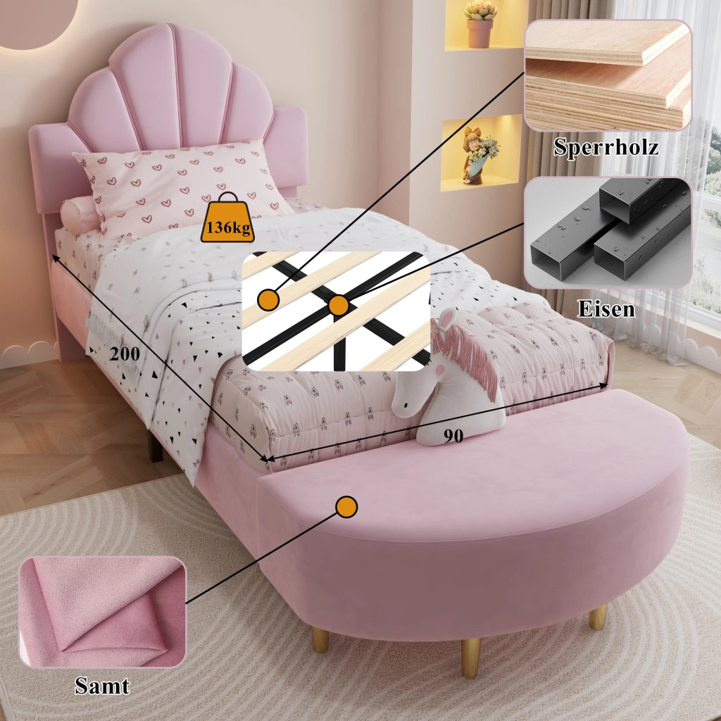 LETTO imbottito 90x200 cm in velluto rosa con panca coordinata