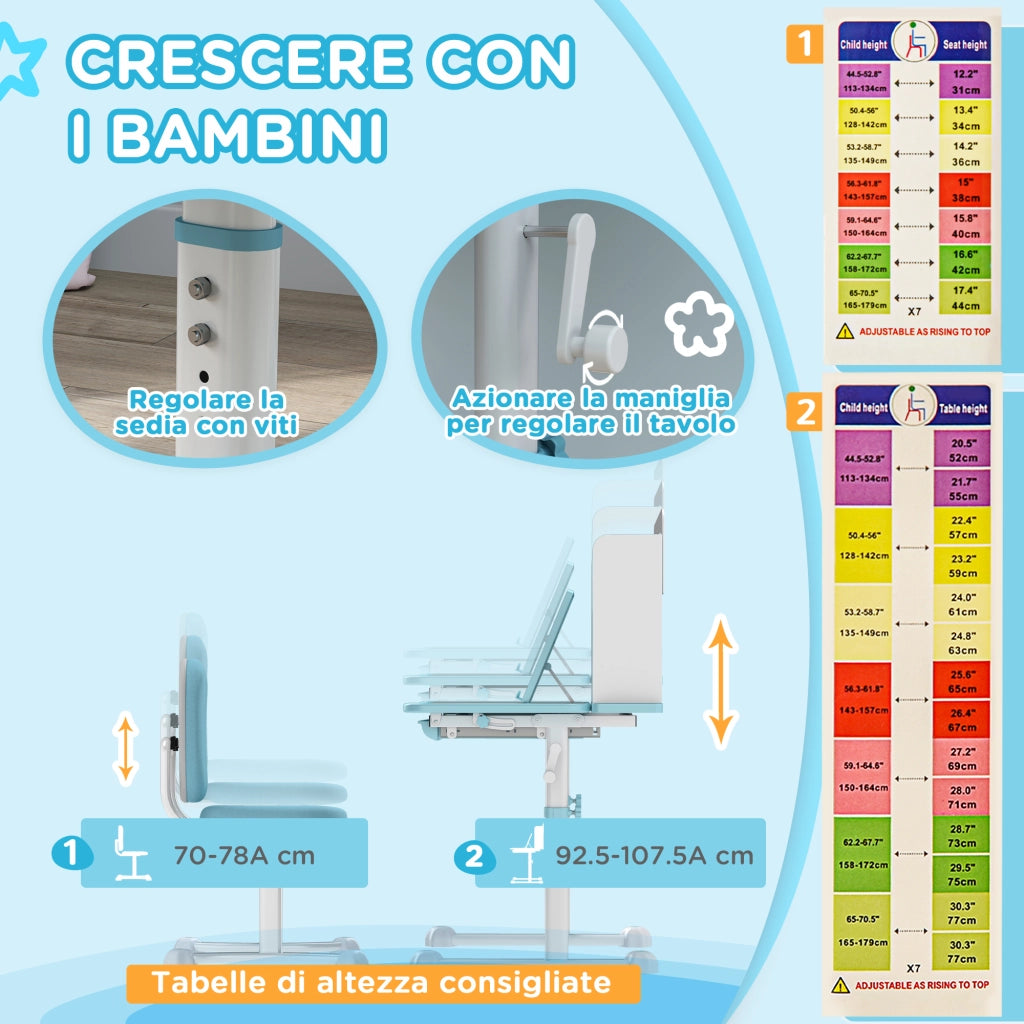 Scrivania per Bambini Regolabile con Sedia, Cassetto e Scaffale ¨C Minimal ¨C Blu