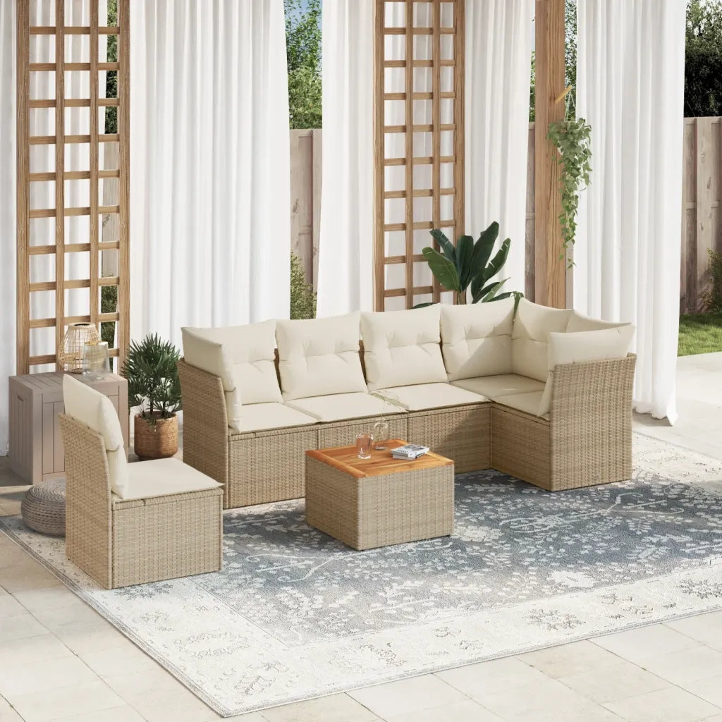 Set Divani da Giardino 7 pz con Cuscini Beige in Polyrattan