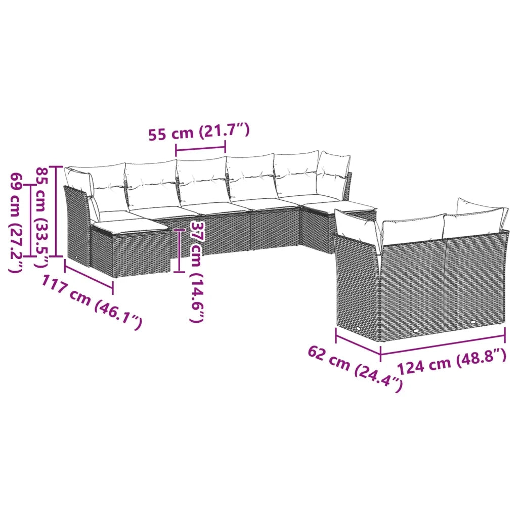 Set Divano da Giardino 9pz con Cuscini Grigio Chiaro Polyrattan 3250151