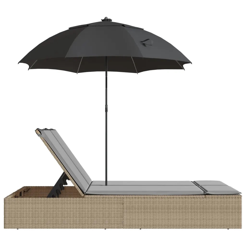 Lettino Prendisole | Sdraio da giardino | Lettino da sole Doppio Cuscini e Parasole Beige Polyrattan