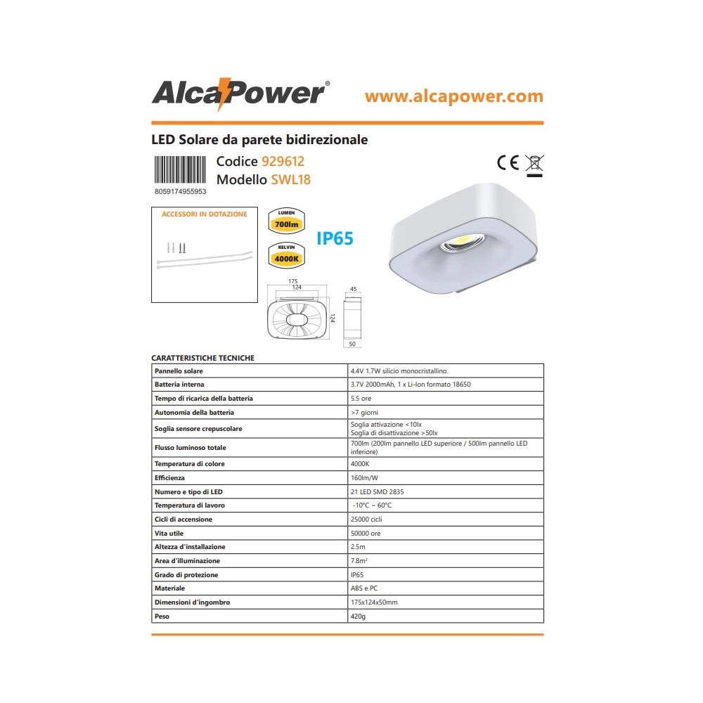 Alca power lampada proiettore solare da parete bidirezionale 160lm