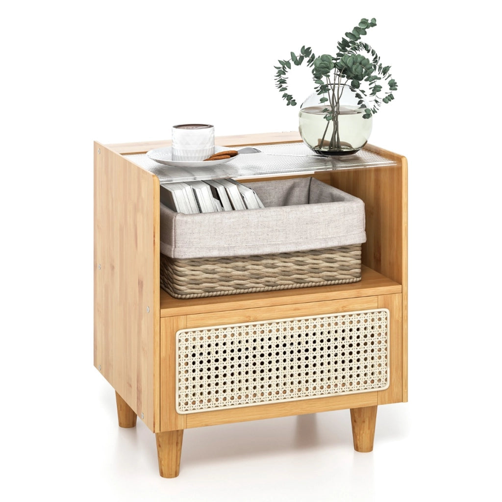 Comodino in bamb¨´ e rattan con cassetto e gambe in legno massello, Tavolino da salotto boho 43x35x50cm Naturale 1 Pezzo