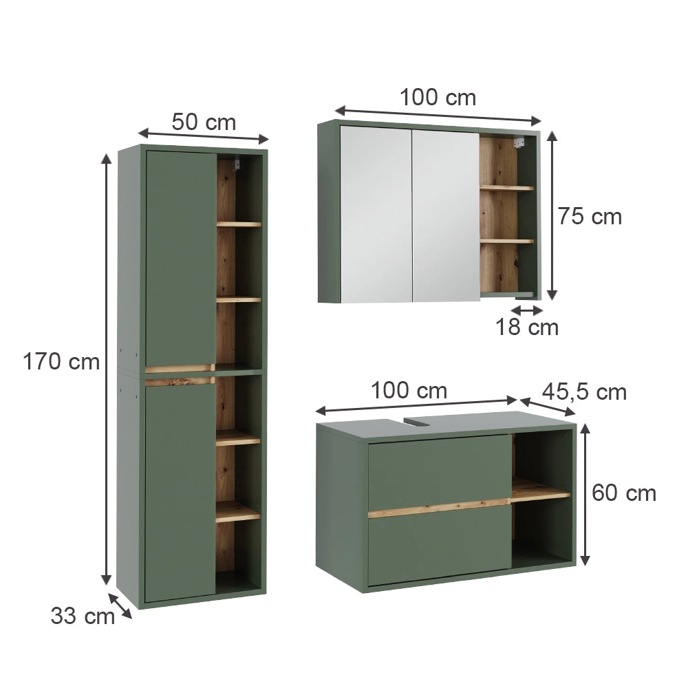 Vicco Set di mobili da bagno Verde/Artigianale 3 parti